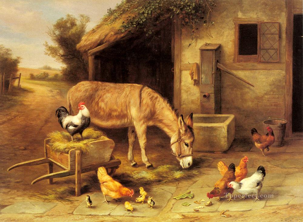 einen Esel und Hühner außerhalb eines Stable Bauernhof Tiere Edgar Hunt Ölgemälde